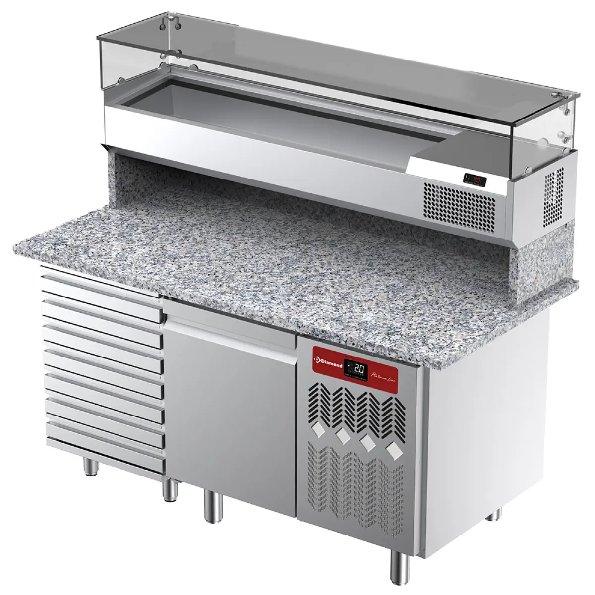 Image Geventileerde koeltafel voor pizza met 1 deur en 7 lades en gekoelde vitrine 1600x380x410 en werkblad in graniet. 0