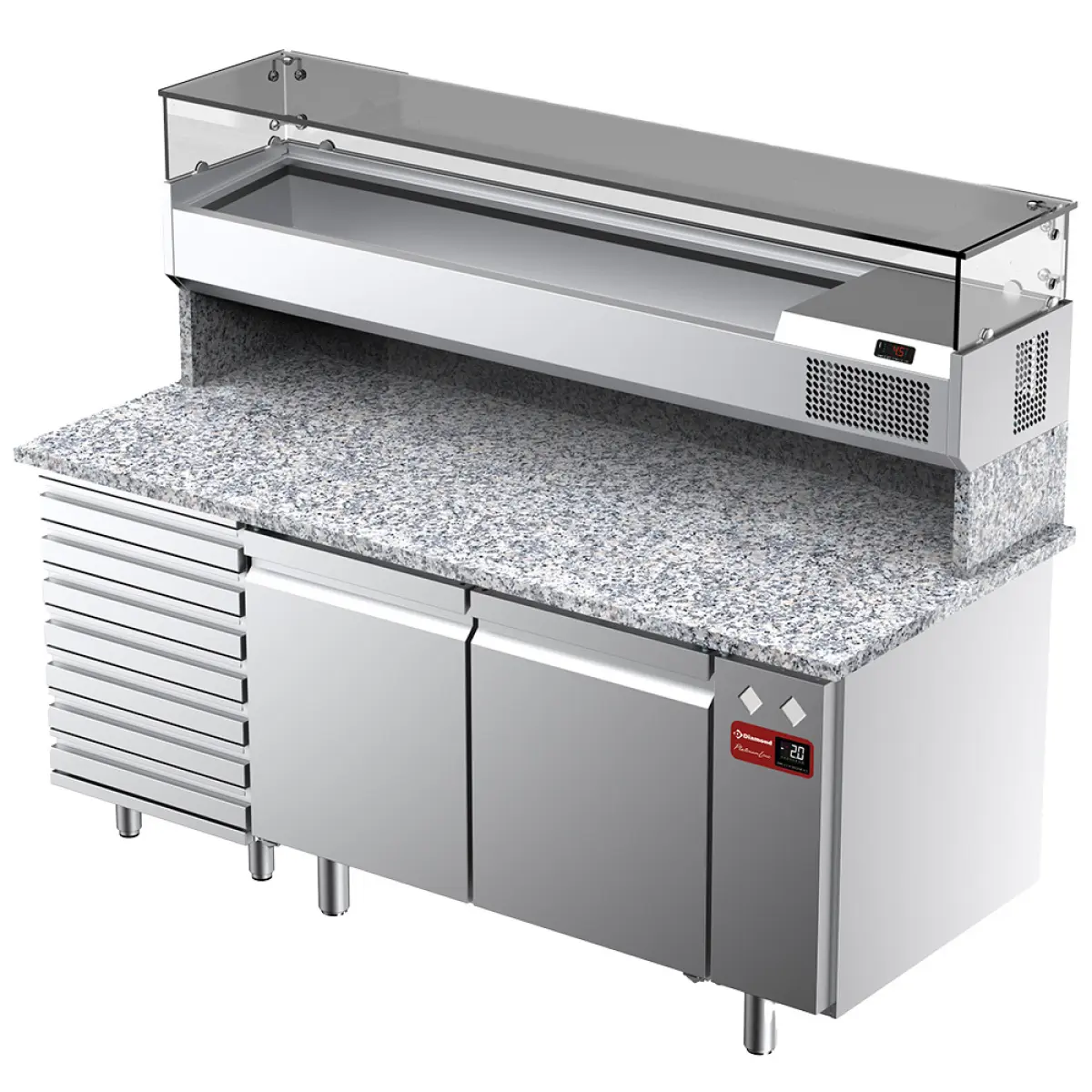 Image Geventileerde koeltafel voor pizza met 2 deuren en 7 lades en gekoelde vitrine 1800x380x410 en werkblad in graniet. 0