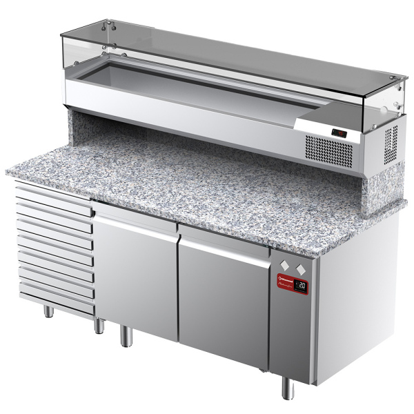 Image Geventileerde koeltafel voor pizza met 2 deuren en 7 lades en gekoelde vitrine 1800x380x410 en werkblad in graniet. 0