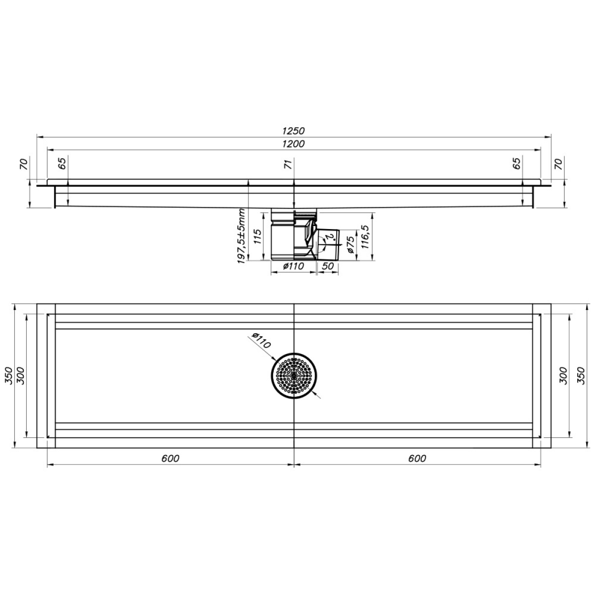 Image Roestvrij stalen vloerafvoergoot 1200x300, zijdelingse uitgang 1
