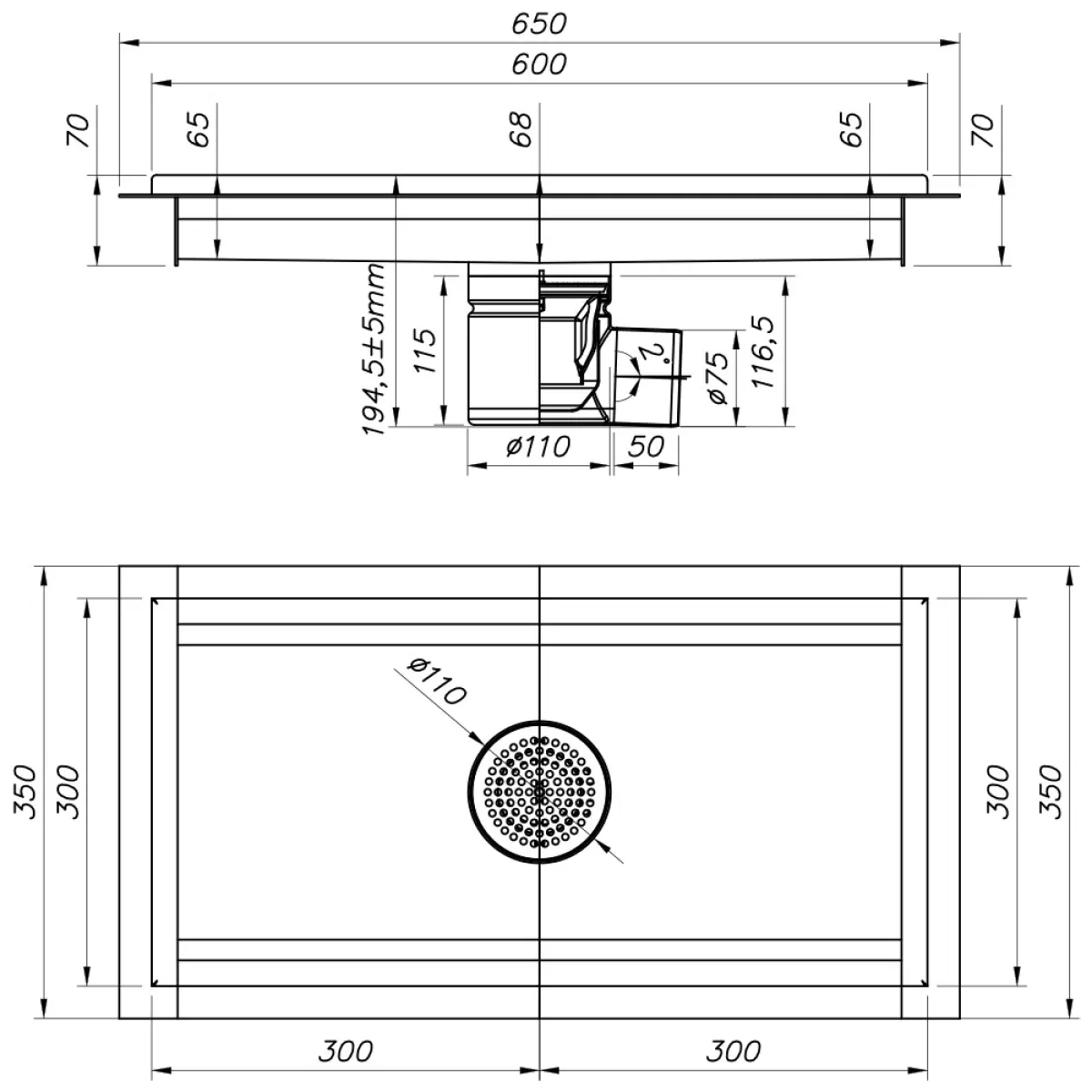 Image Roestvrij stalen vloerafvoergoot 600x300, zijdelingse uitgang 1