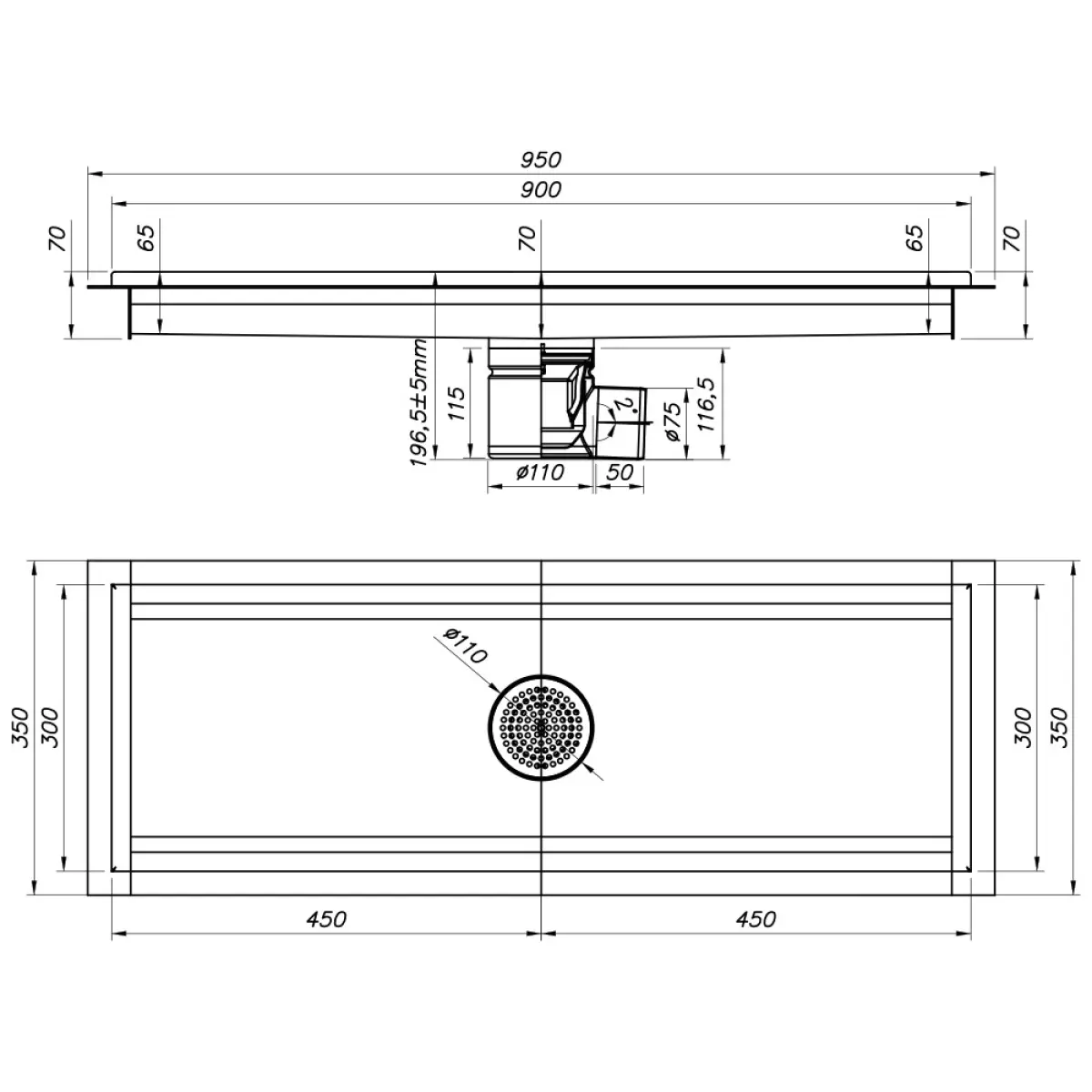 Image Roestvrij stalen vloerafvoergoot 900x300, zijdelingse uitgang 1
