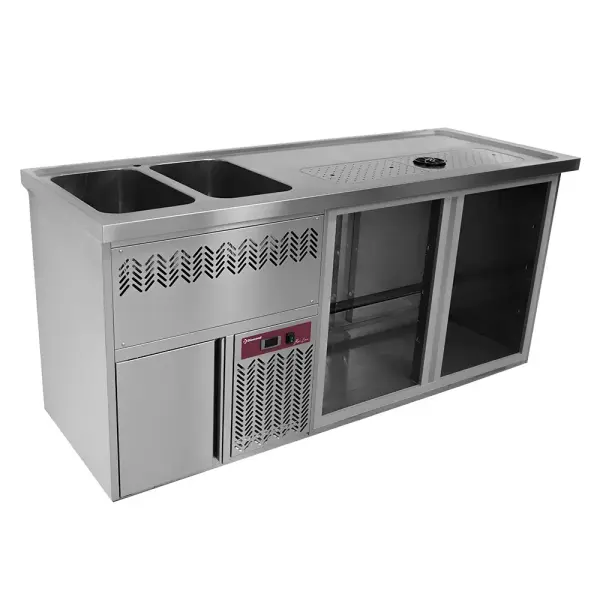 Bar toonbank met 2 compartimenten, afdruiprek + rooster, 2 spoelbakken links. - Main Image