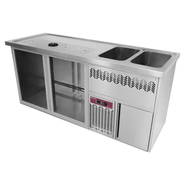 Bar toonbank met 2 compartimenten, afdruiprek + rooster, 2 spoelbakken rechts. - Main Image