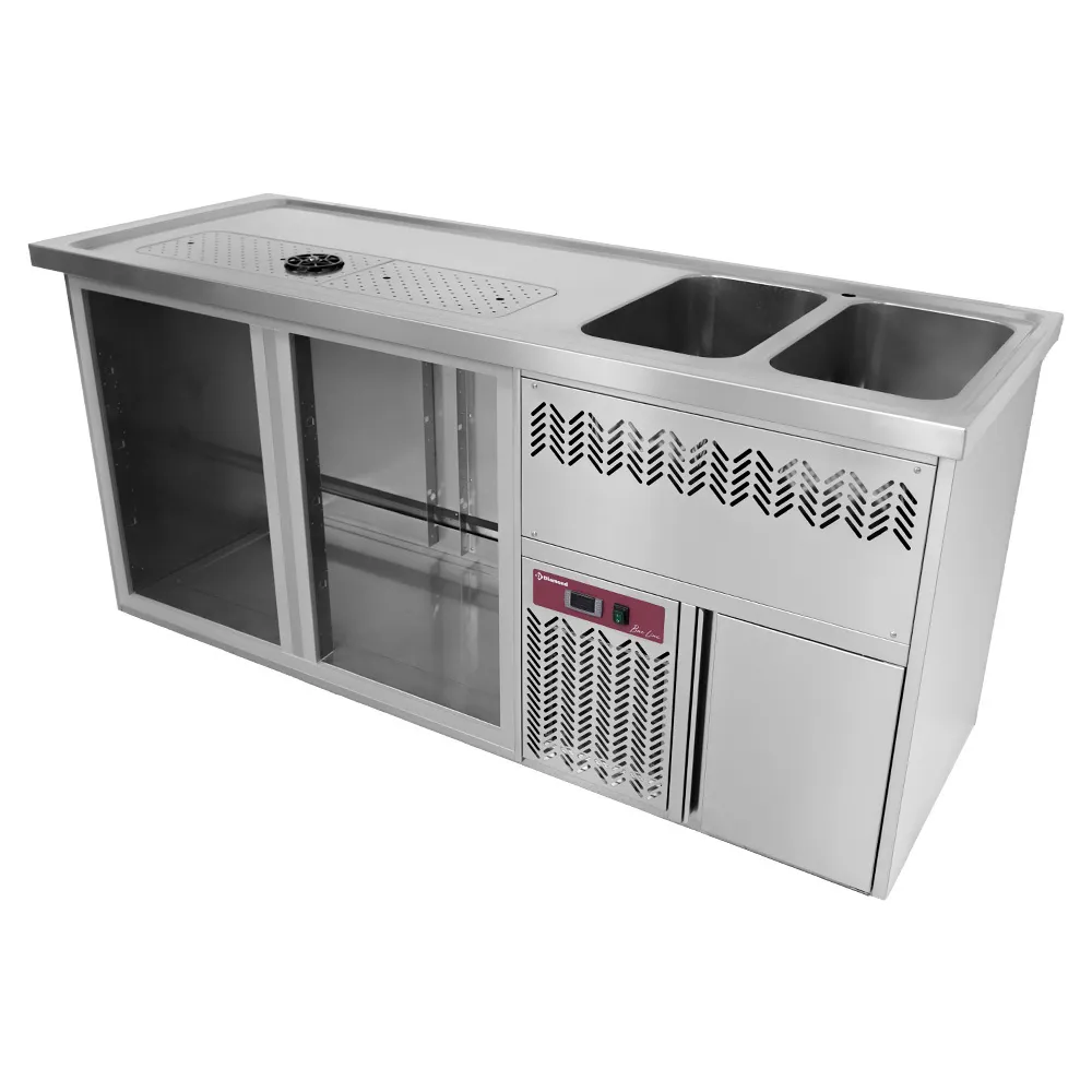 Bar toonbank met 2 compartimenten, afdruiprek + rooster, 2 spoelbakken rechts. - Main Image Bar toonbank met 2 compartimenten, afdruiprek + rooster, 2 spoelbakken rechts. - Main Image