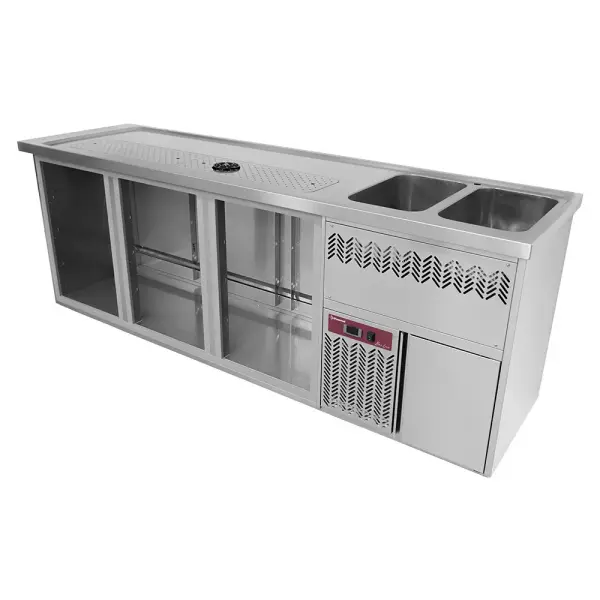 Bar toonbank met 3 compartimenten, afdruiprek + rooster, 2 spoelbakken rechts. - Main Image