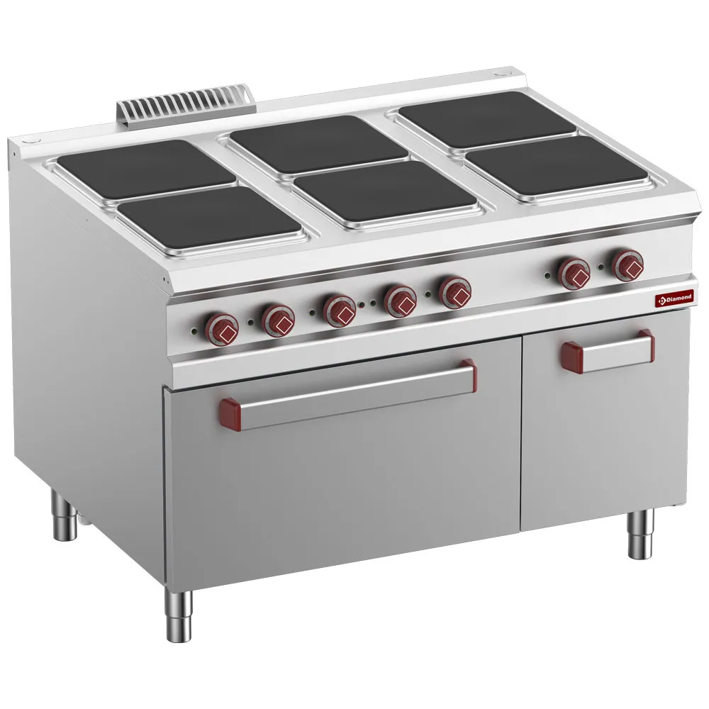 Elektrisch fornuis met 6 vierkante kookplaten op elektrische oven GN 2/1, gesloten neutrale kast - Main Image