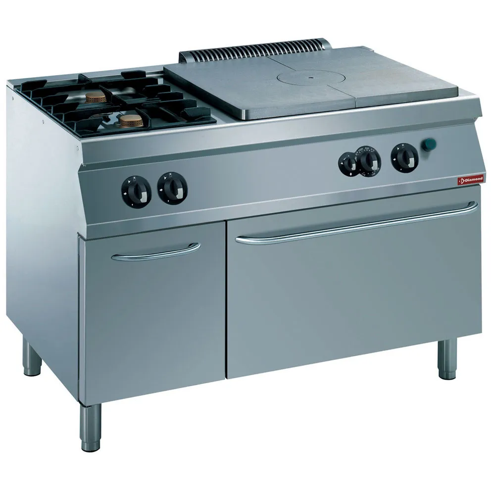 Fornuis 2 vuren, 1 doorkookplaat, gasoven GN 2/1, neutrale kast - Main Image