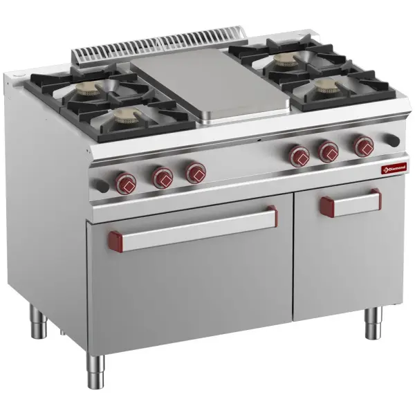 Gasfornuis 4 branders, sudderplaat, gasoven GN 2/1 en kast GN 1/1 - Main Image