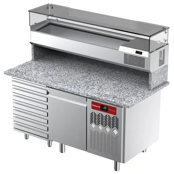 Geventileerde koeltafel voor pizza met 1 deur en 7 lades en gekoelde vitrine 1600x380x410 en werkblad in graniet. - Main Image