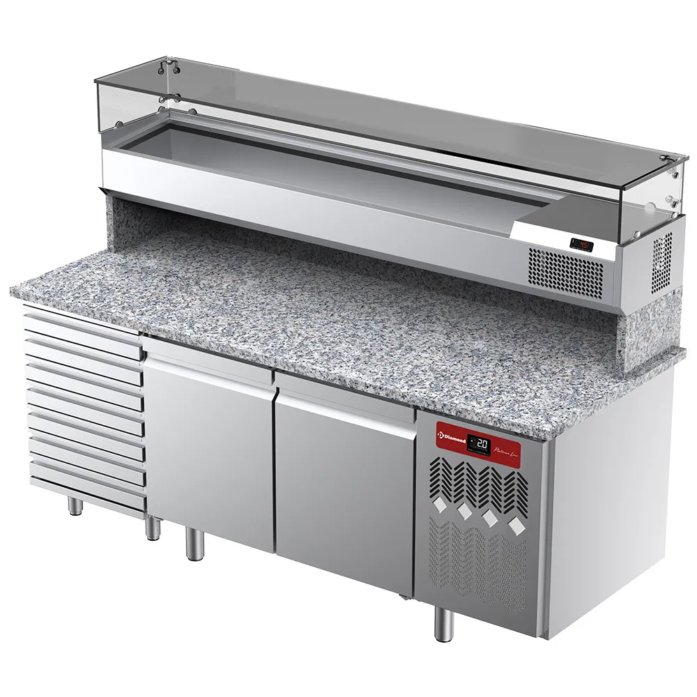Geventileerde koeltafel voor pizza met 2 deuren en 7 lades en gekoelde vitrine 2000x380x410 en werkblad in graniet. - Main Image