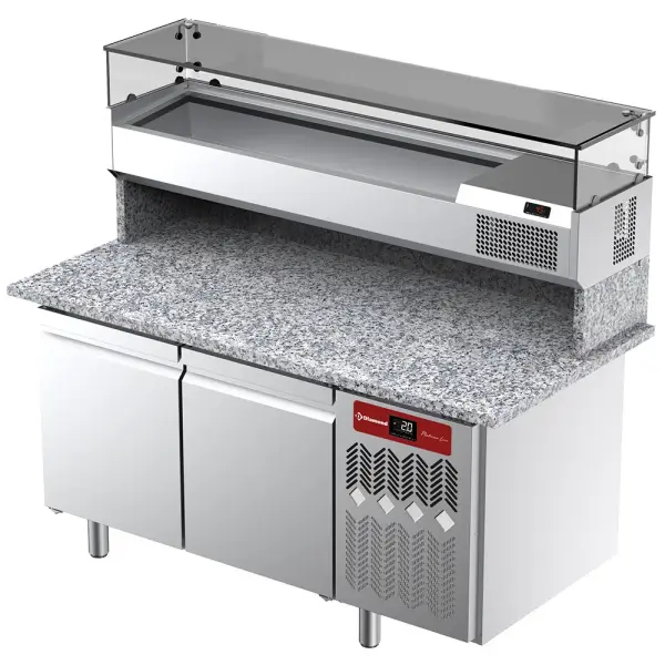 Geventileerde koeltafel voor pizza met 2 deuren en gekoelde vitrine 1600x380x410 en werkblad in graniet. - Main Image