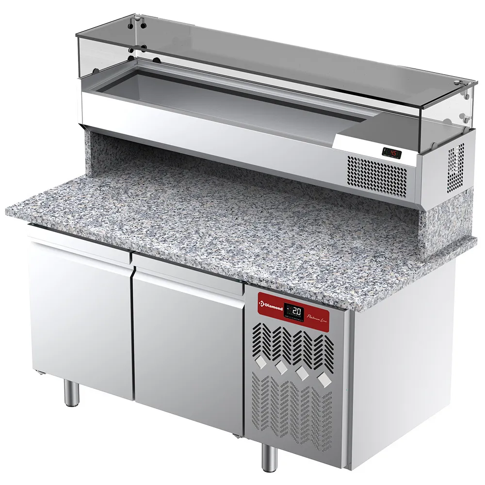 Geventileerde koeltafel voor pizza met 2 deuren en gekoelde vitrine 1600x380x410 en werkblad in graniet. - Main Image
