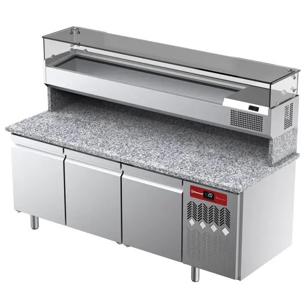 Geventileerde koeltafel voor pizza met 3 deuren en gekoelde vitrine 2000x380x410 en werkblad in graniet. - Main Image