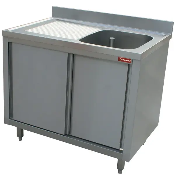 Spoeltafel 1 kuip 600x500xh275, links druipvlak op kast met 2 schuifdeuren - Main Image