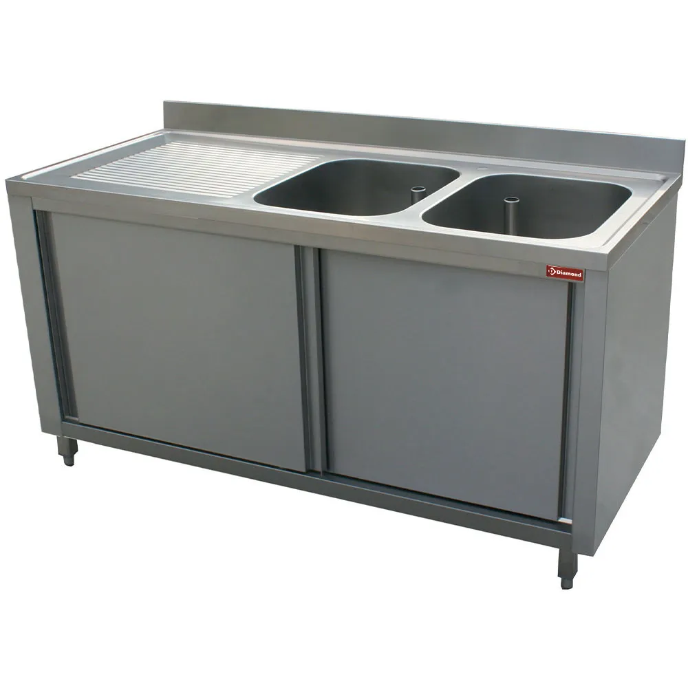 Spoeltafel 2 kuipen 600x500xh325, links druipvlak op kast met 2 schuifdeuren - Main Image