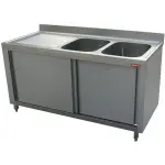 Spoeltafel 2 kuipen 600x500xh325, links druipvlak op kast met 2 schuifdeuren - Main Image