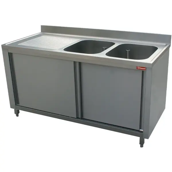 Spoeltafel 2 kuipen 600x500xh325, links druipvlak op kast met 2 schuifdeuren - Main Image