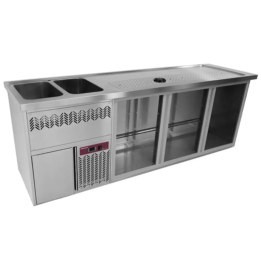 Bar toonbank met 3 compartimenten, afdruiprek + rooster, 2 spoelbakken links - Main Image
