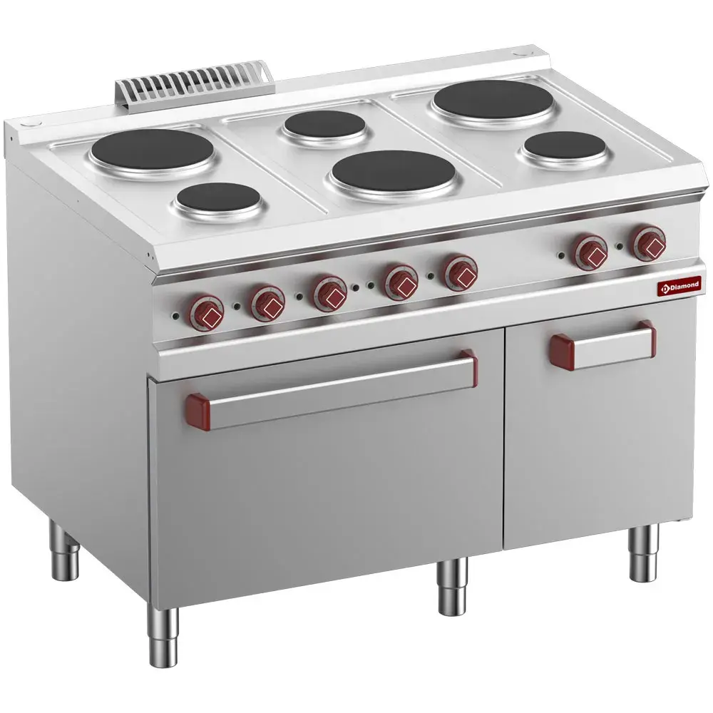 Elektrisch fornuis met 6 ronde platen, elektrische oven GN 2/1 en grill, met kast GN 1/1 - Main Image