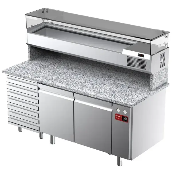 Geventileerde koeltafel voor pizza met 2 deuren en 7 lades en gekoelde vitrine 1800x380x410 en werkblad in graniet. - Main Image