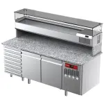 Geventileerde koeltafel voor pizza met 2 deuren en 7 lades en gekoelde vitrine 2000x380x410 en werkblad in graniet. - Main Image