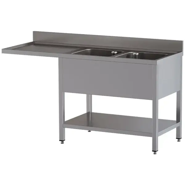 Spoeltafel met 2 kuipen en 1 afdruipblad links, met onderlegplank en ruimte voor vaatwasser - Main Image