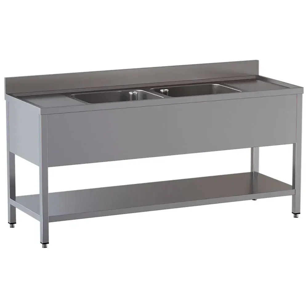 Spoeltafel met 2 kuipen en 2 afdruipbladen, met onderlegplank - Main Image