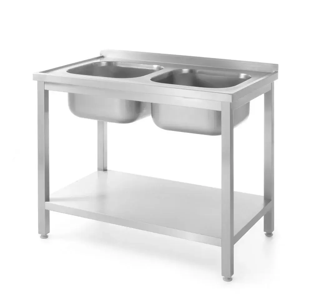 Tafel met 2 spoelbakken en plank – met bouten, diepte 600 mm - Main Image