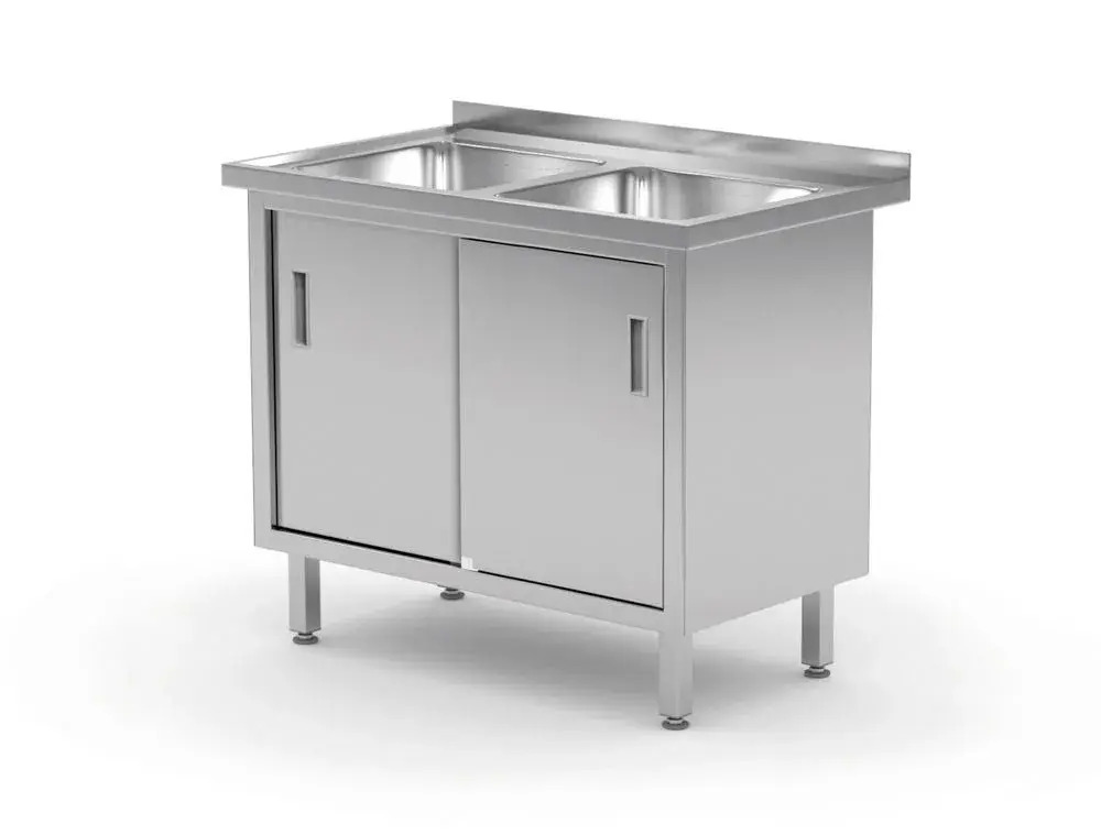 Tafel met 2 spoelbakken, kast – gelast, met schuifdeuren - Main Image