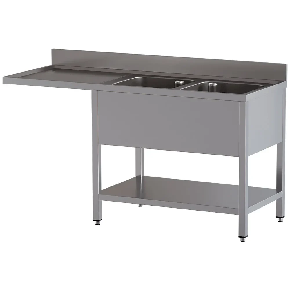 Spoeltafel met 2 kuipen en 1 afdruipblad links, met onderlegplank en ruimte voor vaatwasser - Main Image