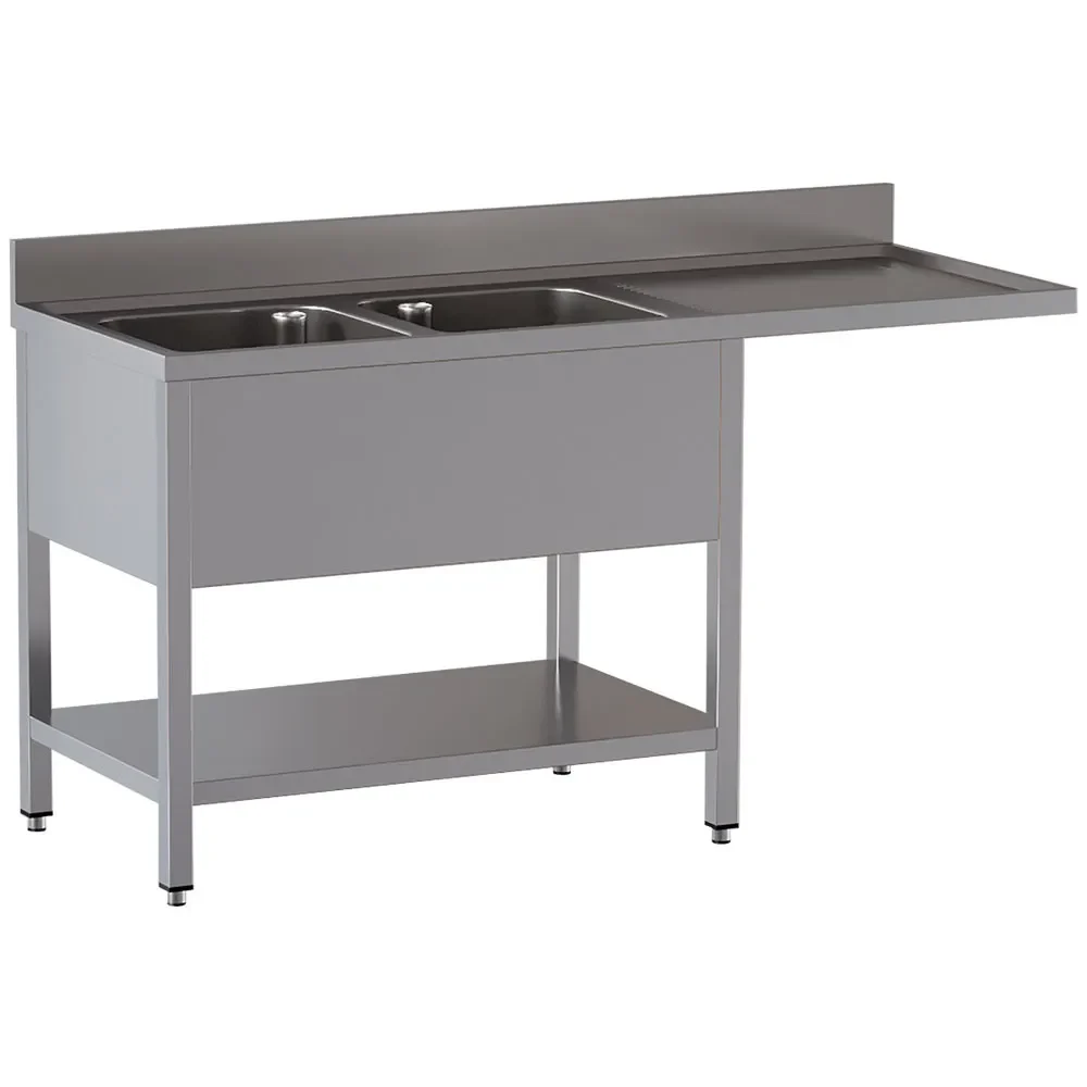 Spoeltafel met 2 kuipen en 1 afdruipblad rechts, met onderlegplank en ruimte voor vaatwasser - Main Image